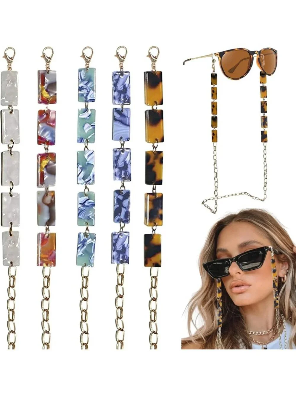 Stylish 5-Piece Tortoise Eyeglass Chain Holders - Neck Strap for Women